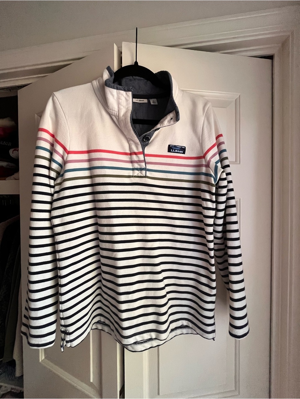 L.L. Bean White Striped Quarter-Zip Sweater